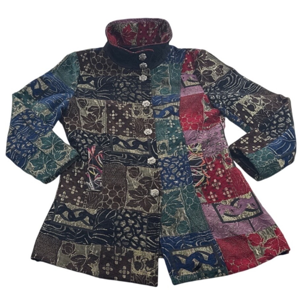 Zashi M Tapestry‎ Patchwork Jacket Wearable Art Boho Floral Button Front Coat